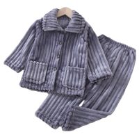 ZZOOI Children Pajamas Set Turn-down Collar Big Pocket Casual Warm Stripe Sleepwear 0-12y Kids Boys Girls 2pcs Suit Flannel Homewear