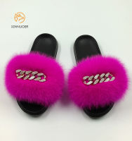 Fur Slippers Real Fox Fur Luxury Fluffy Cute Plush Ladies Flip Flops Summer Outdoor Fashion Casual Business Flat Sandals