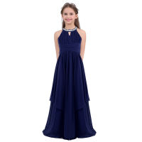 Floor Length Bridesmaid Dress Sleeveless Sequined Halter Chiffon High Waist Flower Kids Girls Princess Dress For Wedding Party