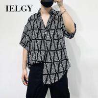 IELGY เสื้อผู้ชาย,เสื้อผู้ชายสีเข้มลำลองหลวมการพิมพ์แบบส่วนบุคคลม่านบางแฟชั่น