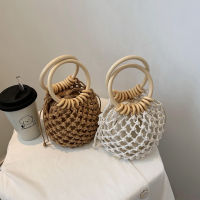 2021 Summer Hand-drawn Straw Bag with Inner Cotton Bag Small Fresh Woven Beach Bucket Womens Bag Handbag Wooden Handle Tote