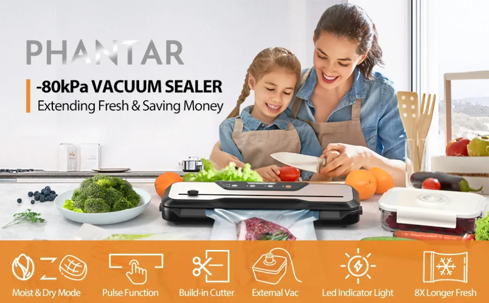 PHANTAR Vacuum Sealer Vacuum Sealing Machine with Free Bags and 1-Year  Warranty Automatic Air Sealing System for Food Storage Build-in Cutter  Moist Mode Quiet