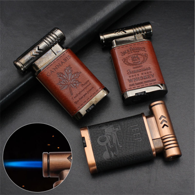 ZZOOI Creative Leather Windproof Lighter Metal Straight-through Blue Flame Butane Gas Lighter Smoking Set Mens Small Gift