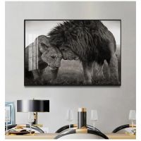 ♞✠ Lions Head to Head สีดำและสีขาวภาพวาดผ้าใบโปสเตอร์และพิมพ์ Scandinavian Cuadros Wall Art รูปภาพสำหรับห้องนั่งเล่น