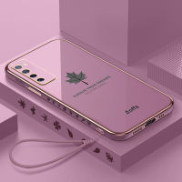 ฝาครอบด้านหลังเป็นป้องกันซิลิโคนนิ่มสำหรับ OPPO Reno4 Pro 4G ใบเมเปิลเคลือบเงาวาวสายคล้องแบบมีเคสหรูหรากันชนสี่เหลี่ยมเคสโทรศัพท์