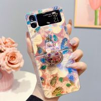 เคสโทรศัพท์ภาพดอกไม้สีสันสดใส CSCR สำหรับ Samsung Galaxy Z Flip 4 3 With Diamond Ring Holder Blossom เคส Flip4 Flip3แพนด้าการ์ตูนน่ารักไดโนเสาร์