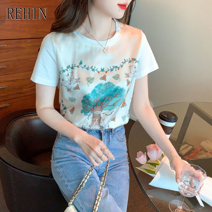 rehin-เสื้อยืดแขนสั้นคอกลมพิมพ์ลายของผู้หญิง-เสื้อเบลาส์หรูหราแนวยุโรปไม่ซ้ำใคร