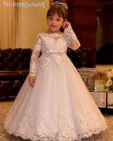 ✙ ivhefd Vestidos florais para casamentos princesa renda manga comprida sem costas vestidos de primeira comunhão sagrada vestido festa meninas