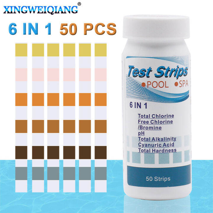 customizable-6-in1ความแข็งของน้ำกรดสระว่ายน้ำสปาแถบทดสอบคลอรีนความเป็นด่าง-ph-cyanuric-bromine