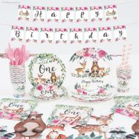 △❐۩ Wild One jungle Animal Girls First Birthday Anniversary Party Tableware Set Paper Plate Cup Napkin Straw Gift Bag Supplies