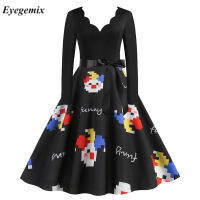 Gothic Robe ชุดฮาโลวีนปาร์ตี้เดรสผู้หญิง2022ฟักทองพิมพ์แขนยาว V คอ Vintage Pinup Rockabilly ชุด S-3XL