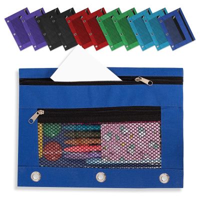 Binder Pencil Pouch 3 Ring, 12 Pack Clear Mesh Pencil Case with Zipper, Nylon Pencil Bags with Double Pocket, 6 Colors