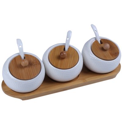 Porcelain Condiment Container Spice Jar with Lids - Bamboo Cap Holder Spot, Ceramic Serving Spoon, Wooden Tray,Best Pottery Cruet Pot for Your Home, Kitchen. White, Set of 3
