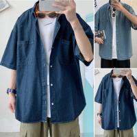 Blue Denim Short Sleeve Shirts Men Summer Thin Korean Fashion Top Vintage Oversize Baggy Cardigan Blouses Casual Man Clothes