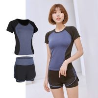 [COD] and summer high waist fitness sports suit tight short-sleeved womens fake two-piece yoga