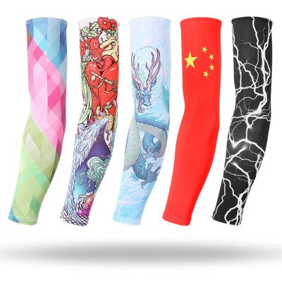 Chinese Tattoo Sleeves Men Armguard Outdoor Cycling Cuff Driving Sunscreen Fishing Arm Cover Ice Silk Summer Arm Sleeves Warmers Sleeves