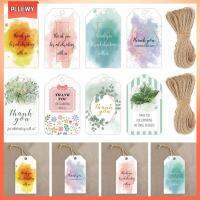 PLLEWY 50PCS DIY ลายสีน้ำ ใบยูคาลิปตัส ห่อป้ายแขวน ด้วยเชือก ตกแต่งของขวัญ แท็กขอบคุณ