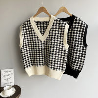 Vintage Women Plaid Sweater Vest Casual V คอใหม่ Houndstooth หลวมหนาหญิงถักเสื้อกันหนาวเกาหลี Elegant Tops...