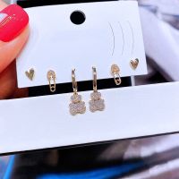 【When the flowers bloom】 MIGGA 3คู่ Small Pin Heart Bear Stud Earrings For Women Girls Gold Color Cubic Zirconia Jewelry