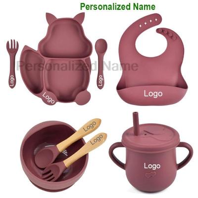 Baby Silicone Sucker Bowl Plate Cup Bibs Spoon Fork Sets Children Tableware Baby Feeding Dishes Sets Personalized Name BPA Free