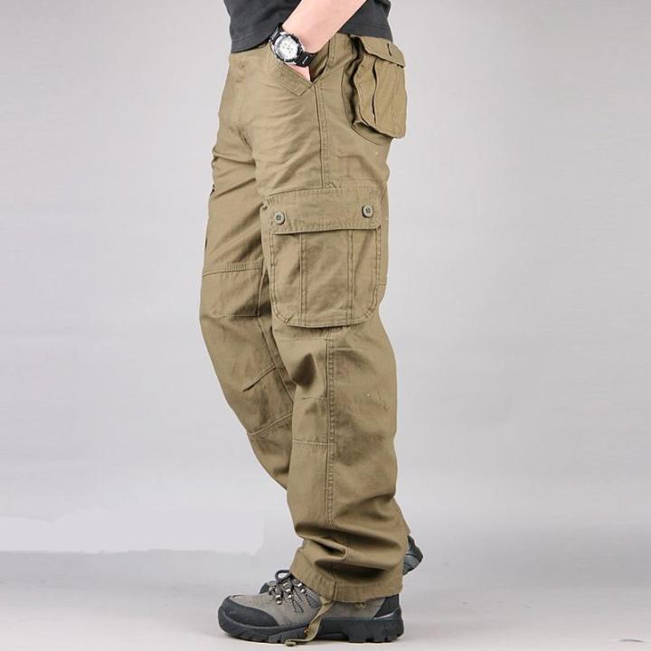 กางเกงคาร์โก้ของผู้ชาย-กางเกงขายาวทรงหลวมตรงแนวทหารมีกระเป๋าขนาดใหญ่44