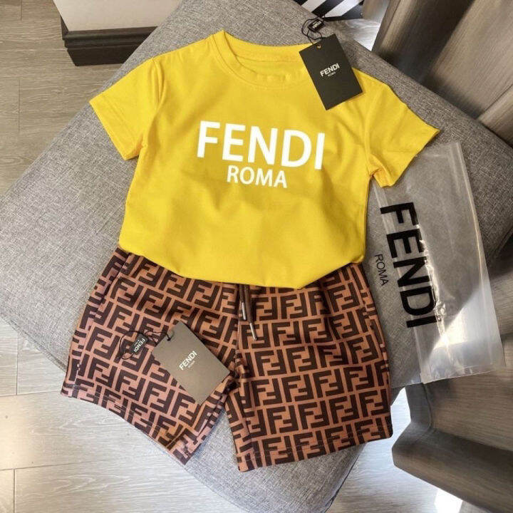 fendi-ใหม่ฤดูร้อนสบายๆสองชิ้นเด็กชายและเด็กหญิงผ้าฝ้ายกางเกงขาสั้นแขนสั้น