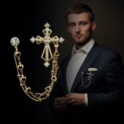 High End British Style Vintage Crystal Cross Brooch Pin Double Chain Lapel Pins and Brooches Suit Badge Shirt Collar Accessories
