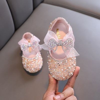 AINYFU New Childrens Sequined Leather Shoes Girls Princess Rhinestone Bowknot Single Shoes 2023 Fashion Baby Kids Wedding Shoes