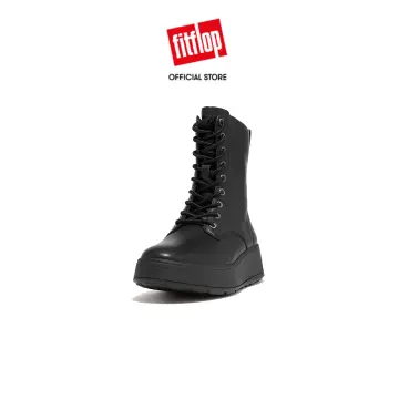 Fitflop Womens F-Mode Leather or Nubuck Lace-Up Flatform Ankle Boots - All Black- Leather