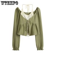 ☞☼ Purely Desired Short Hanging Neck Tank Top Long Sleeve Ruffle Lace Up Cardigan 2Pcs Set Women Green T-shirt Korean Fashion Y2K