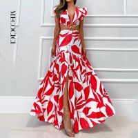 【YF】 MECOCICI Women Maxi Dress Summer Sexy Fashion Leaky Waist V Neck Backless Butterfly Short Sleeve Print Slits Long Skirt Dresses