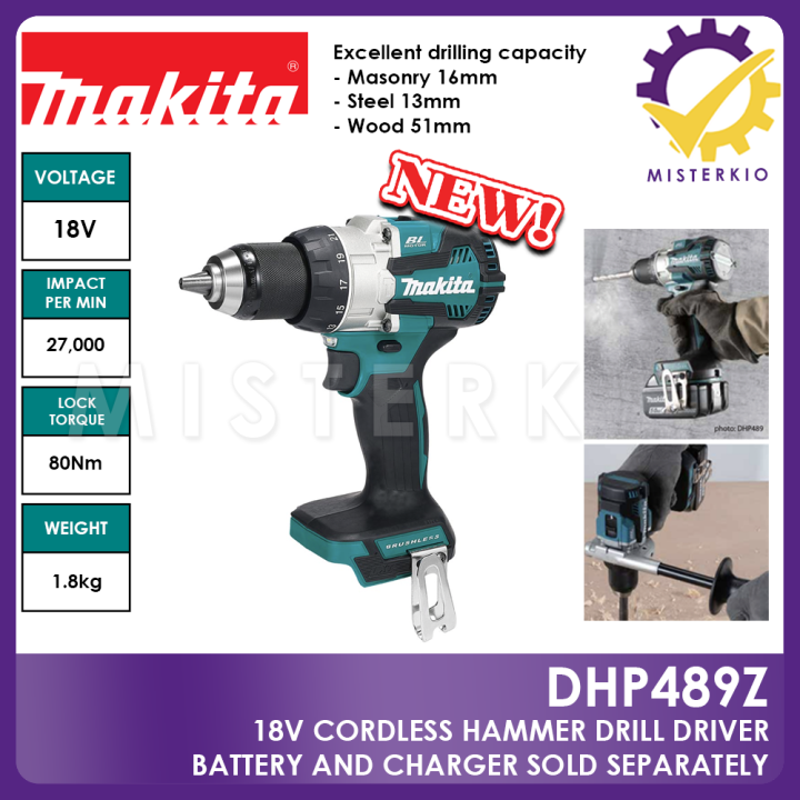 Makita DHP489 18V CORDLESS HAMMER DRIVER DRILL, 3-in-1 Drill, For Wood ...