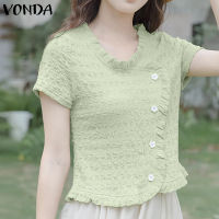 Fancystyle VONDA ผู้หญิงอารมณ์แขนสั้นเฉียงเสื้อมีกระดุม (ดอกไม้เกาหลี)