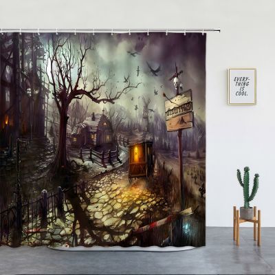 【CW】✴۩  Pumpkin Shower Curtain Witch Horror Landscape