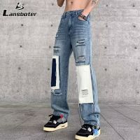 Lansboter High Street Jeans กางเกงยีนส์สีดำและสีขาวดีไซน์กางเกงยีนส์เดนิมให้สัมผัสกางเกงทรงตรง