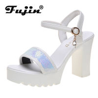 fujin 10cm block heel women sandals peep toe open sandals beach shoes women bling bling leather for female summer shoes