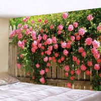 Tapestry Aesthetics Spring Flower Fence Tapestry Pink Rose Plant Flower Wall Garden Window Natural Scenery Home Decoration Tapestries Hangings