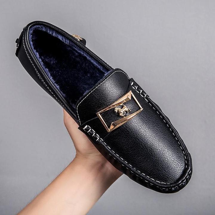 2021Penny Loafers Men Big Size Leather Moccasins Casual Shoes Mens Driving Shoes Outdoor Slip On Men Lazy Shoes Winter Plush Zapatos