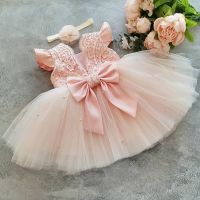 Toddler Girls Wedding Party Dresses Backless Bow Cute Baby 1st Birthday Christening Gown Kids Christmas Lace Dress for 1 5 Years