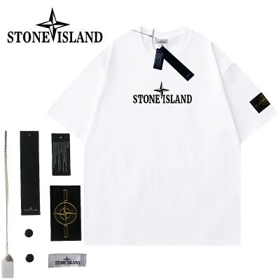 Stone Lsland เสื้อยืดคู่รักทำจากผ้าฝ้ายพิมพ์ลายสโตนไอซ์แลนด์,เสื้อยืดคู่รักคอกลมใส่สบายสำหรับผู้ชายและผู้หญิง