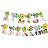 1st Jungle Animal Birthday Photo Banner Garland 12 Month Bunting Safari Wild One Year Baby Birthday Party Decoration Supplies Banners Streamers Confet