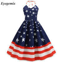 KK2023ฤดูร้อนผู้หญิงเซ็กซี่ V คอ Star พิมพ์ Vintage Rockabilly ชุด Jurken A-Line Pinup Blue Party Dress Vestidosq11