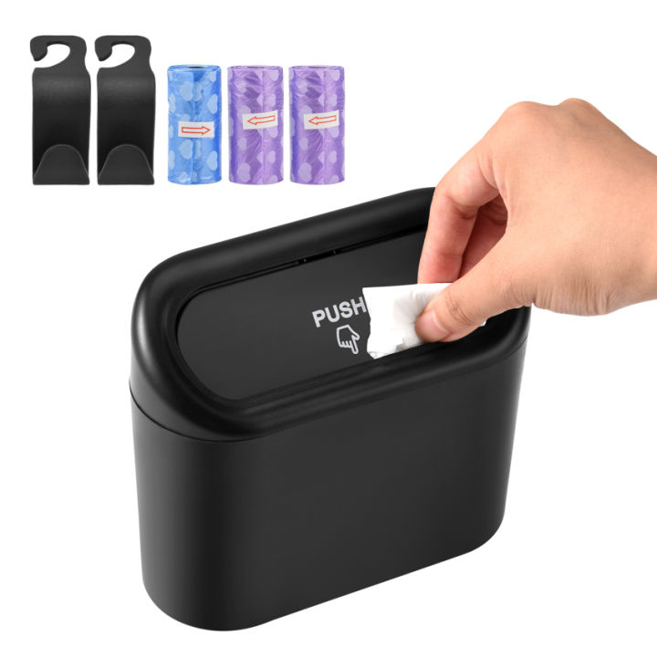 Car Trash Can, Mini Car Trash Can With Lid, Portable Car Storage Box With  3Waste Bags And 2 Car Headrest Hooks (Black)