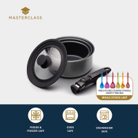 MasterClass Smart Space Set Of Three Stacking Induction-Safe Non-Stick Saucepans W/ Removable Handle And Universal Lid (Cookware set /Non Stick Cookware Set /Pots and Pans) เซตเครื่องครัว