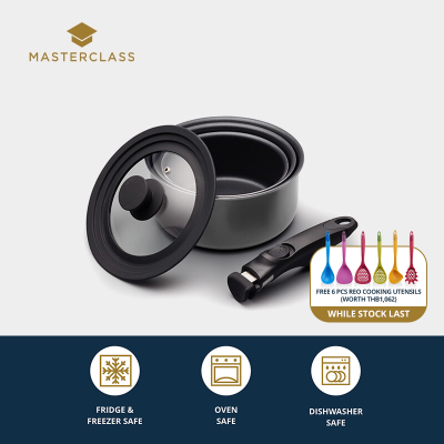 MasterClass Smart Space Set Of Three Stacking Induction-Safe Non-Stick Saucepans W/ Removable Handle And Universal Lid เซตเครื่องครัว