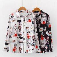 Women Vintage Cartoon Print Lapel Single-breasted Long Sleeve Blouse