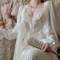 Spring Nightdress Women Lace Nightgown Retro French Vintage Thin Loose Sleepwear Elegant Dressing Gown Lounge Home Dressing Gown