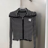 【High Quality】New Double Zipper Polo Collar Stripe Long Sleeve Wool Knit Foam Letter Slim Fit Top