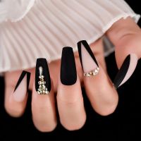 French Tip Styles Matte Black Coffin Acrylic False Nails Long 3d Diamonds Woman Solid Color Fake Gelnails Mix Stones Faux Ongles fenguhan