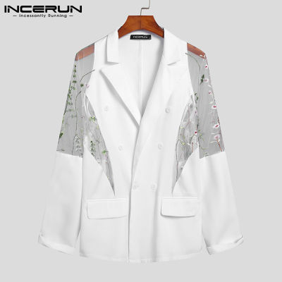 ❂▨✿ hnf531 Medussa INCERUN Men Mesh Sleeve Coats Double Breasted Blazer Floral Formal Outwear Top Jackets